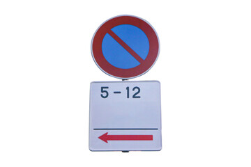 No parking sign traffic circle sign blue red attached to steel pole on side of road isolated on cut out PNG or transparent background. Symbol aluminum post about traffic sign.
