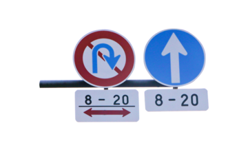 No U-Turn traffic circle sign white red and drive straight blue white hanging on steel beam isolated on cut out PNG or transparent background. Symbol aluminum post about traffic sign.