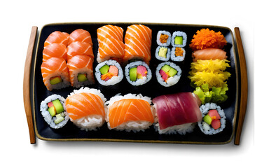 Top view Sushi on black plate with japanese food
