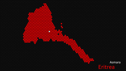 A map of Eritrea, with a dark background and the country's outline in the shape of a colored hexagon, centered around the capital. A simple sketch of the country