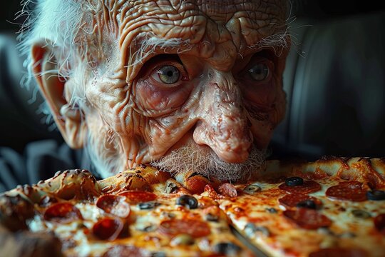 Maniacal Elderly Person Unhinged: Intense Evil Pizza Portrait