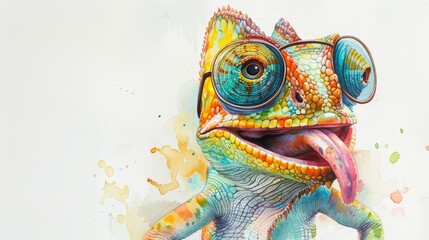 Whimsical watercolor scene of a grinning chameleon sticking its tongue out playfully, its sunglasses adding to the joyful vibe