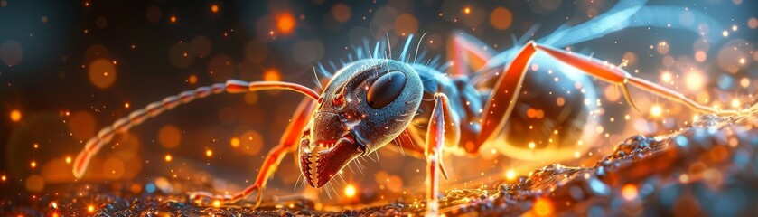 The image shows a close-up of a blue and black ant with fire all around it.