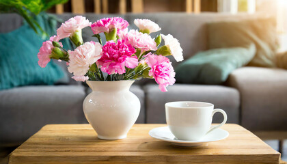 Pink carnations and white coffee cup