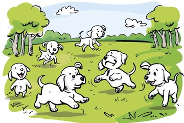Obraz na płótnie Canvas Cartoon cute doodles of a group of puppies chasing each other in the park, with wagging tails and joyful barks filling the air, Generative AI
