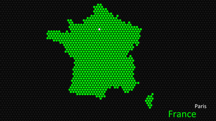 A map of France, with a dark background and the country's outline in the shape of a colored hexagon, centered around the capital. A simple sketch of the country