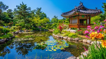 Naklejka premium Serene traditional Korean garden with a small pond and pavilion, clear sunny day with vibrant flowers