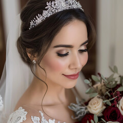 Novia con tiara y maquillada lista para su boda