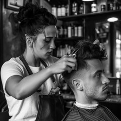 Mujer realizando un corte de pelo a un hombre en una peluquería