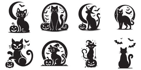 set of Halloween black cats  vector silhouette, black cats vector black and white color, black cats vector art design style 