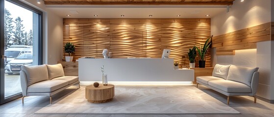 A dental clinic's reception area, bathed in soft light, with comfortable seating and modern décor. A welcoming space for patients.