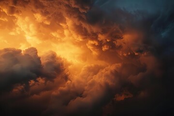 Obraz premium A dramatic sky filled with billowing clouds, illuminated by the last rays of sunlight filtering through the storm, Generative AI