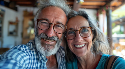 Portrait of a happy senior couple taking a selfie while embracing and having fun at home