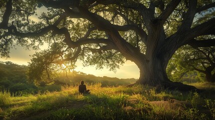 The setting sun casts a warm glow over a solitary figure sitting in quiet contemplation beneath a majestic oak tree.