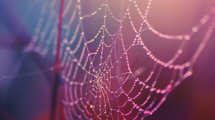 Delicate and detailed cobweb with water drops on a blurred background with a gradient from blue to pink.