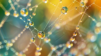 A macro shot of dew drops on a spider web.