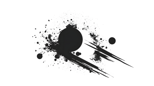vector logo of an ink splatter forming the shape of two planets on white and transparent background, with a simple yet elegant design using black and grey colors without shadows, - Powered by Adobe