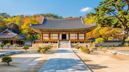Tranquil Korean garden in front of a traditional wooden building, sunny day with clear sky