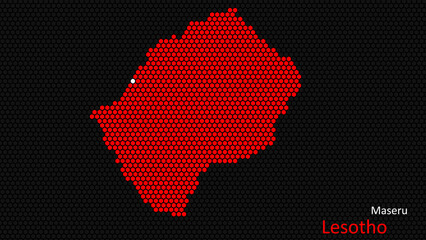 A map of Lesotho, with a dark background and the country's outline in the shape of a colored hexagon, centered around the capital. A simple sketch of the country