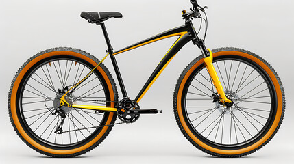 yellow black 29er mountainbike with thick offroad tyres, bicycle mtb cross country aluminum, cycling sport transport concept isolated on white background