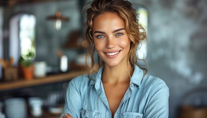 Fototapeta premium Smiling Young Woman in Denim Shirt