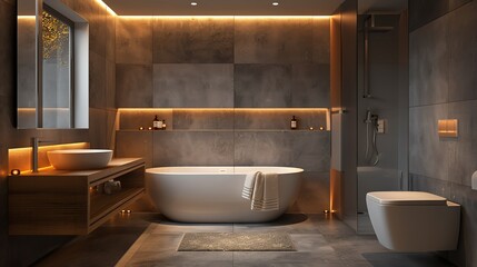 Refined minimalist bathroom, corner angle, soft overhead lighting