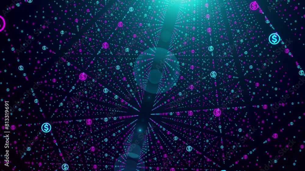 Poster abstract blue purple shiny geometric grids in 3d perspective featuring us dollar sign particles moti