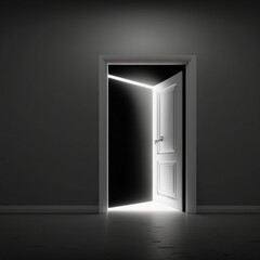 Light at the end of the tunnel: An open doorway with light streaming through, illuminating a dark room. Perfect for concepts of hope, new beginnings, or mystery.