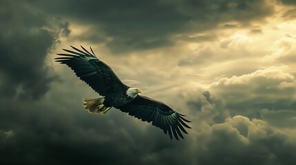 Soaring high above the clouds, the majestic bald eagle is a symbol of strength, freedom, and courage.
