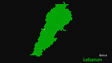 A map of Lebanon, with a dark background and the country's outline in the shape of a colored hexagon, centered around the capital. A simple sketch of the country