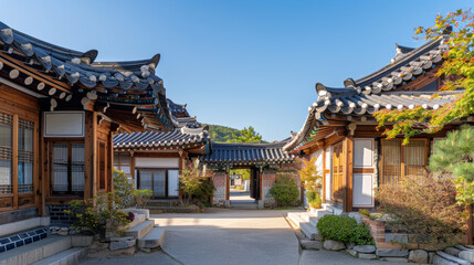 Warm daylight scene of a historic Korean village street, traditional hanok buildings, clear blue sky