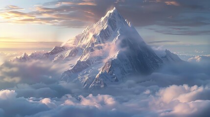 The mountain is the highest point in the world. It is covered in snow and ice. The clouds are below the mountain.