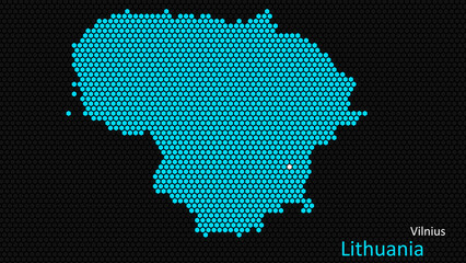 A map of Lithuania, with a dark background and the country's outline in the shape of a colored hexagon, centered around the capital. A simple sketch of the country
