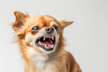 Tiny but fierce Chihuahua snarling with intense aggression, showcased in a seamless white setting with shadowless lighting
