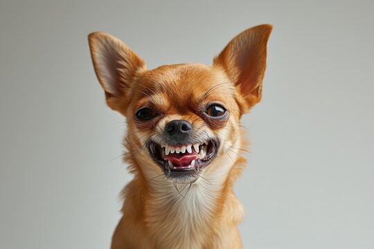 Tiny but fierce Chihuahua snarling with intense aggression, showcased in a seamless white setting with shadowless lighting - Powered by Adobe