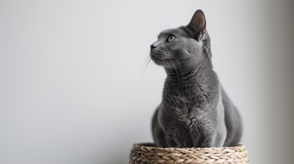 Regal Russian Blue cat sitting tall with a calm and alert expression, illuminated by shadowless lighting against a stark white background