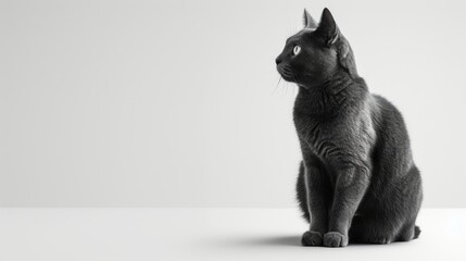 Regal Russian Blue cat sitting tall with a calm and alert expression, illuminated by shadowless lighting against a stark white background