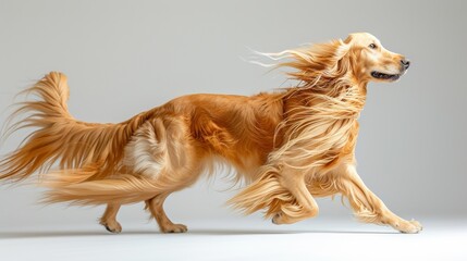 Majestic Afghan hound with a flowing coat billowing around its proud bearing, set against a pristine white backdrop