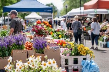 A bustling farmer's market with vendors selling fresh produce and flowers