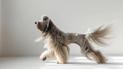 Majestic Afghan hound with a flowing coat billowing around its proud bearing, set against a pristine white backdrop
