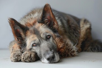 Pitiful German shepherd with matted fur and glassy eyes, visibly shivering and curled up on a white floor, highlighted by gentle lighting