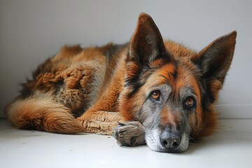 Pitiful German shepherd with matted fur and glassy eyes, visibly shivering and curled up on a white floor, highlighted by gentle lighting