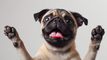 Playful and amusing pug portrayed with a humorous expression, eyes crossed and tongue out, providing laughter on a bright white background