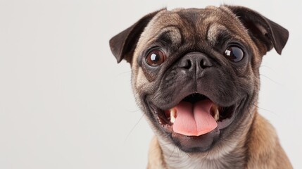 Playful and amusing pug portrayed with a humorous expression, eyes crossed and tongue out, providing laughter on a bright white background