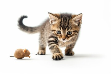Charming young tabby kitten caught leaping joyfully, playing with a toy mouse in soft, evenly lit surroundings on a white backdrop
