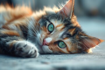Sickly stray calico cat with matted fur and glassy eyes, conveying a deep need for care and compassion in an urban setting