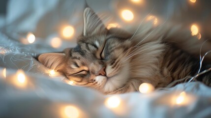 Sleepy Maine Coon cat with eyes half-closed, luxuriously curled up in a ball, its long fluffy fur glowing under soft wrapping lights on a white paper floor