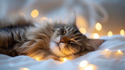 Sleepy Maine Coon cat with eyes half-closed, luxuriously curled up in a ball, its long fluffy fur glowing under soft wrapping lights on a white paper floor