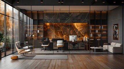 A futuristic glass-walled workspace with modular black desks, white swivel chairs, and gold task...