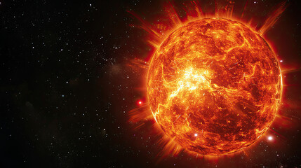 Intense image of a red giant star ablaze with fiery orange and red hues, dramatically set against the dark expanse of space speckled with stars.